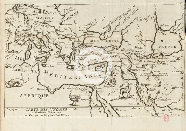 Map of Tavernier's Travels in Europe, Persia, Turkey, 17th century. Creator: Anonymous master.