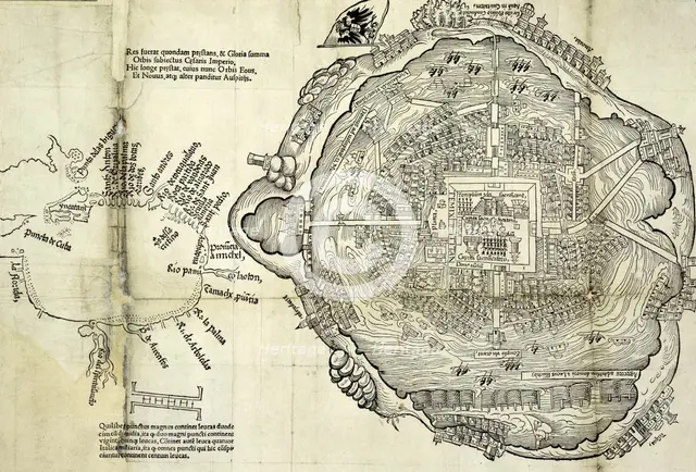 Map of Tenochtitlan, Mexico, with Gulf Coast at left, 1524. Creator: Unknown.