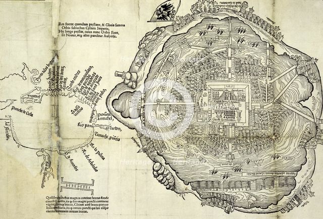 Map of Tenochtitlan, Mexico, with Gulf Coast at left, 1524. Creator: Unknown.