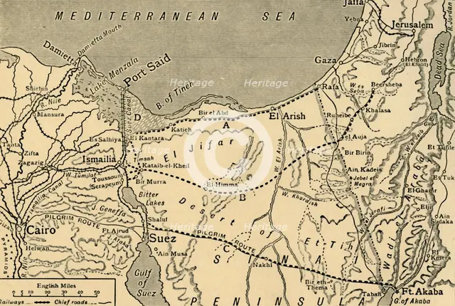 Map of the Turkish attack on the Suez Canal, Egypt, First World War, 1915, (c1920). Creator: Unknown.