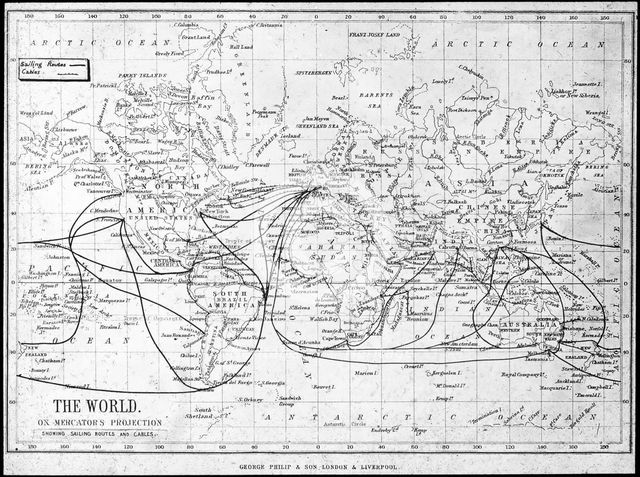 Map of the world showing sailing routes and telegraph cables, c1893. Artist: George Philip & Son Ltd