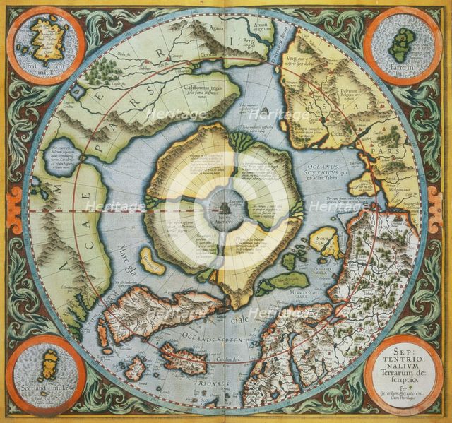 Map of the Arctic, 1595. Creator: Gerardus Mercator.