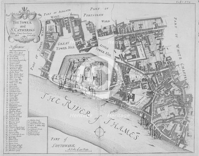 Map of the area around the Tower of London and St Katharine by the Tower, Stepney, London, 1720.     Artist: Anon