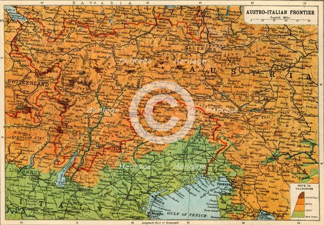 Map of the Austro-Italian frontier, First World War, (c1920). Creator: John Bartholomew & Son.