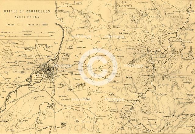 Map of the Battle of Courcelles, 14 August 1870, (c1872).  Creator: R. Walker.