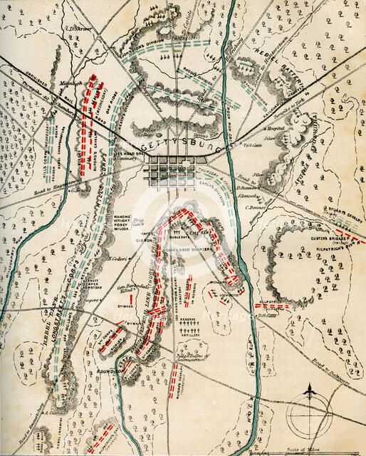 Map of the Battle of Gettysburg, Pennsylvania, 1-3 July 1863 (1862-1867).Artist: Charles Sholl