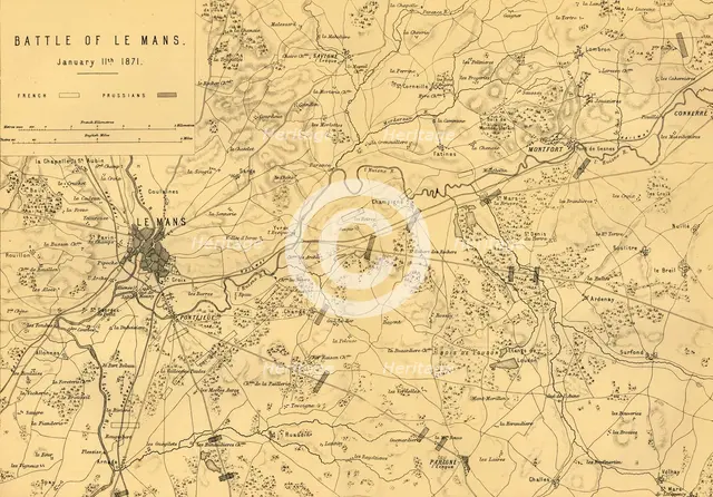 Map of the Battle of Le Mans, 11 January 1871, (c1872).  Creator: R. Walker.