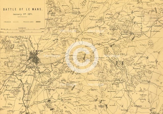 Map of the Battle of Le Mans, 11 January 1871, (c1872).  Creator: R. Walker.