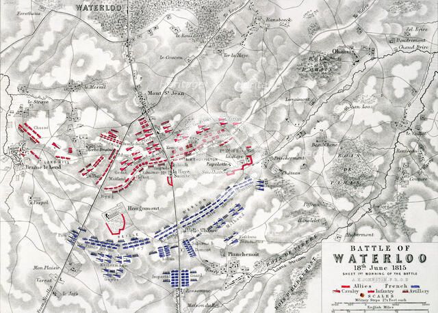 Map of the Battle of Waterloo, 18th June 1815 (19th century). Artist: Alexander Keith Johnston