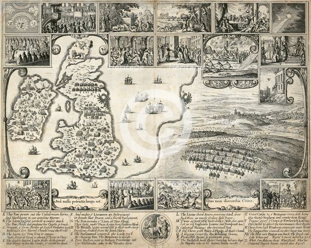 Map of the British Isles and illustrations of 17th century historical events, c1659. Artist: Wenceslaus Hollar.