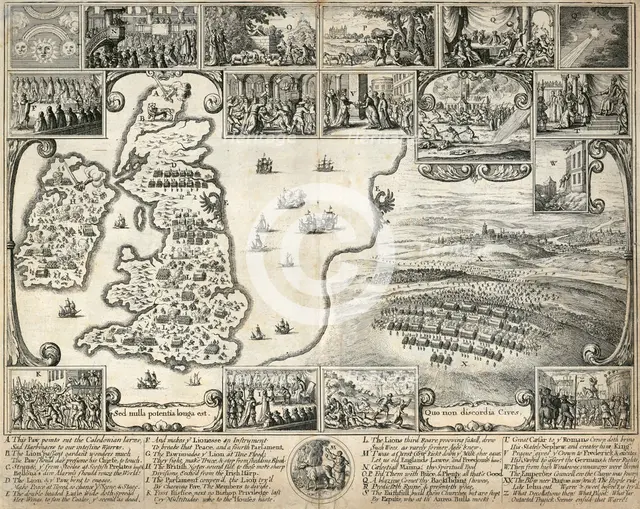 Map of the British Isles and illustrations of 17th century historical events, c1659. Artist: Wenceslaus Hollar.