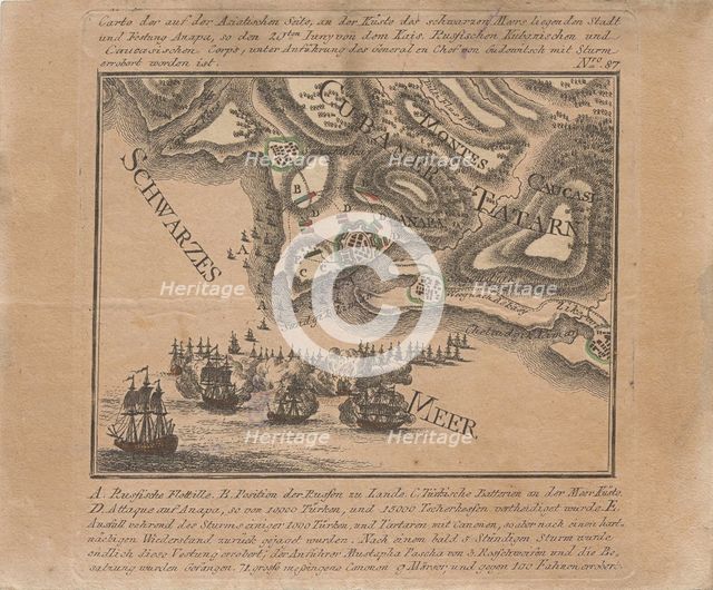 Map of the capture of the sea fortress Anapa by Russian troops on the Black Sea in June 1791, 1791. Creator: Anonymous.