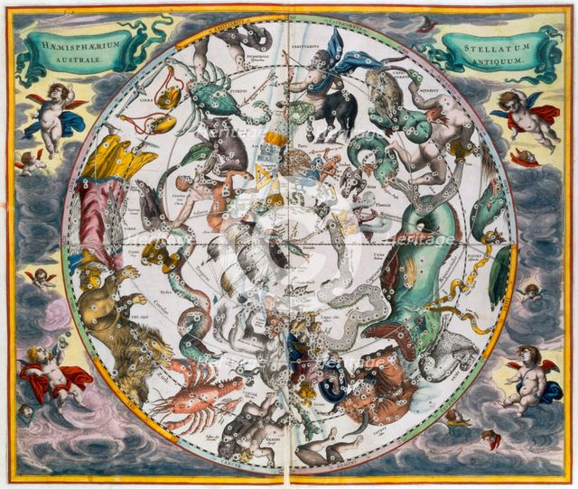 Map of the celestial Southern Hemisphere, 1660-1661. Creator: Andreas Cellarius.