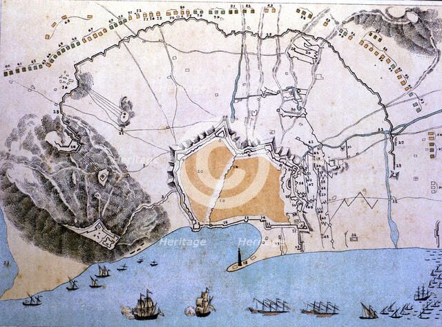 Map of the city of Barcelona during the siege of Philip V in 1714.