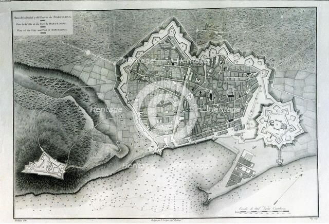 Map of the city of Barcelona, port and Montjuic mountain, engraving by Alexander Laborde, 1808, f…