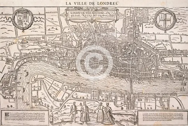 Map of the City of London and City of Westminster with four figures in the foreground, (c1572?). Artist: Anon