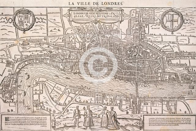 Map of the City of London and City of Westminster with four figures in the foreground, (c1572?). Artist: Anon
