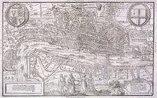 Map of the City of London and City of Westminster with four figures in the foreground, (c1572?). Artist: Anon