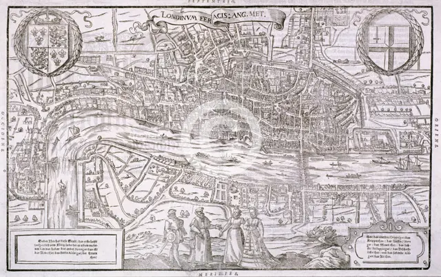 Map of the City of London and City of Westminster with four figures in the foreground, (c1572?).  Artist: Anon