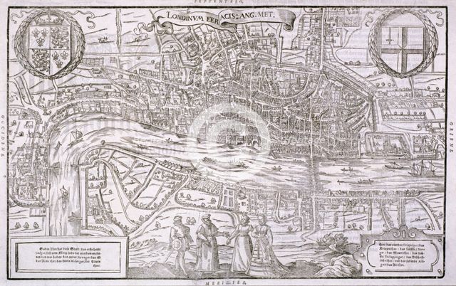 Map of the City of London and City of Westminster with four figures in the foreground, (c1572?).  Artist: Anon