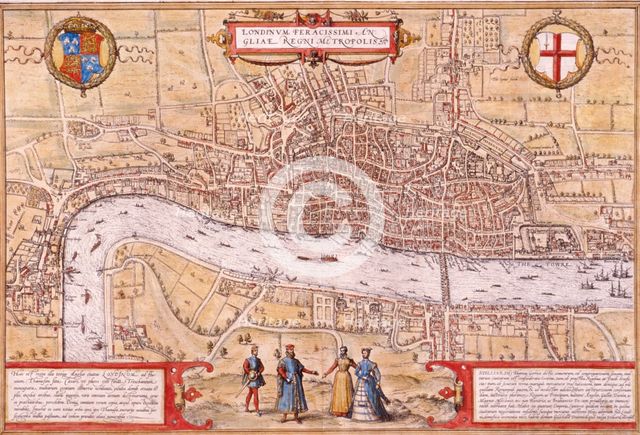 Map of the City of London, Southwark and part of Westminster, 1572. Artist: Franz Hogenberg