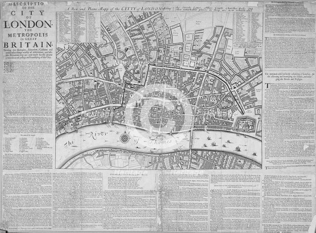 Map of the City of London surrounded by descriptive text, 1676. Artist: Anon