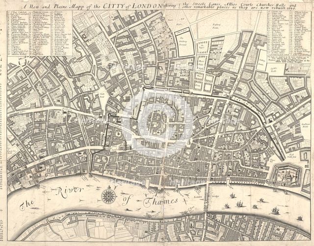 Map of the City of London surrounded by descriptive text, 1676. Creator: Anon.