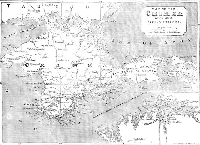 Map of the Crimea and plan of Sebastopol, 1854. Creator: John Dower.