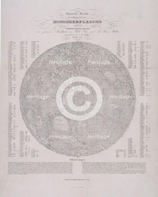 Map of the Moon with tables, 1837. Creators: E Leidenfrost, Unknown.