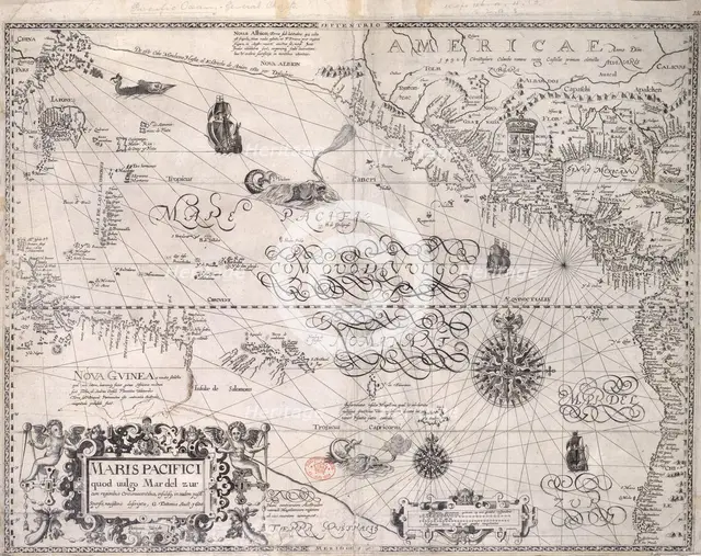 Map of the Pacific Ocean, 1600. Creator: Benjamin Wright.