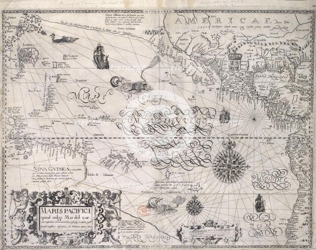 Map of the Pacific Ocean, 1600. Creator: Benjamin Wright.