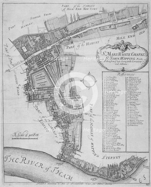 Map of the parishes of St Mary, Whitechapel and St John, Wapping, in Stepney, London, 1755. Artist: Anon