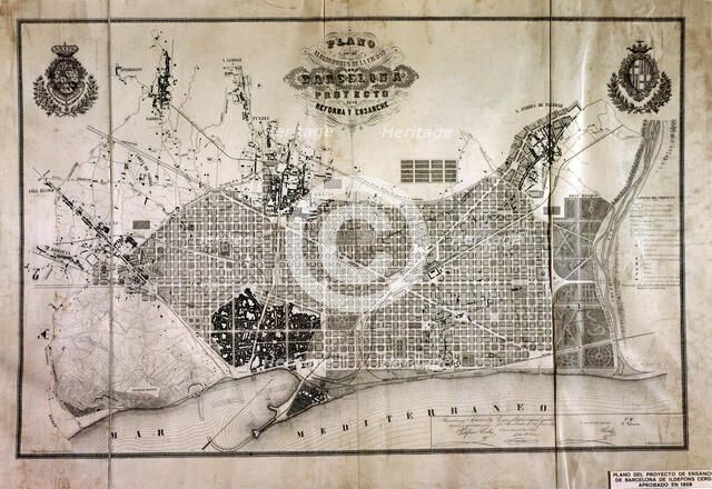 Map of the project of expansion of the city of Barcelona, ??approved in 1859, by Ildefonso Cerda.