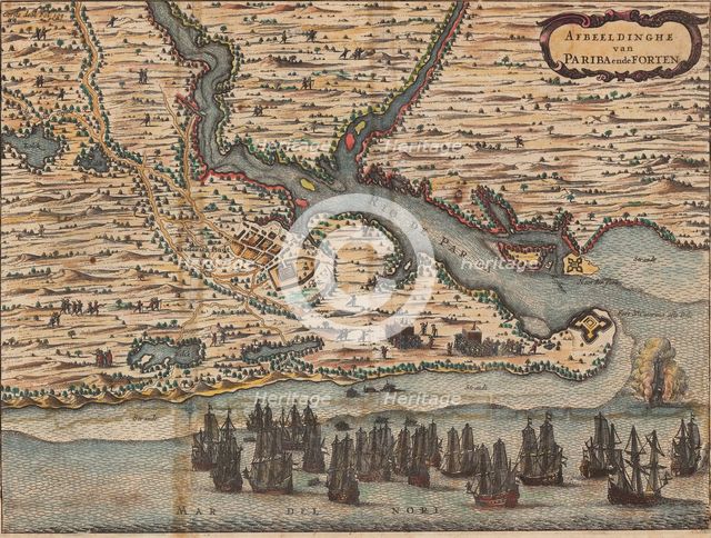 Map of the Rio Paraiba during the Dutch capture of the area around Paraiba in December 1634, 1651. Creator: Jan Janssonius.