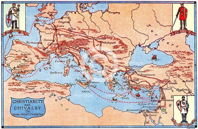 Map of the routes of the three great crusades, 1926.Artist: Criss