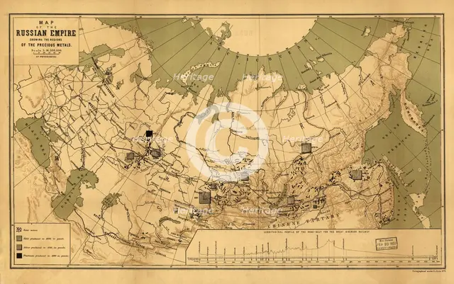 Map of the Russian Empire showing the regions of the precious metals, 1890. Creator: A. Jlyne.