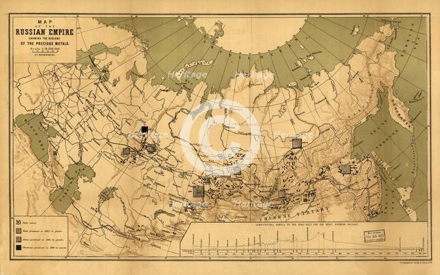 Map of the Russian Empire showing the regions of the precious metals, 1890. Creator: A. Jlyne.