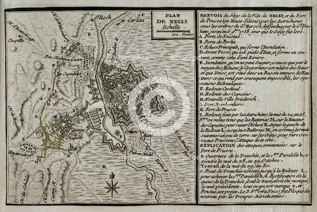 Map of the siege of the town of Neisse by General Harsch's Austrian army, 1758 (1765).  Creator: Jean de Beaurain.