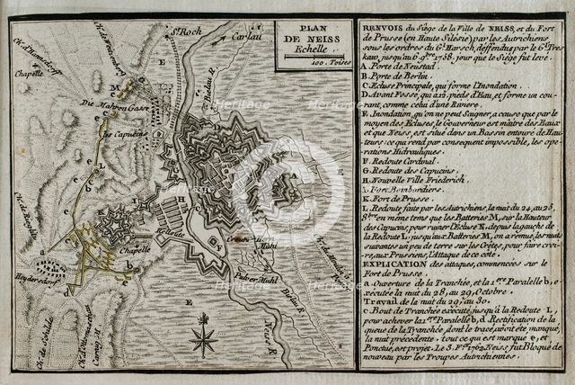 Map of the siege of the town of Neisse by General Harsch's Austrian army, 1758 (1765).  Creator: Jean de Beaurain.