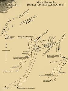 Map illustrating the Battle of the Falkland Islands on 8 December 1914, (c1920). Creator: Unknown