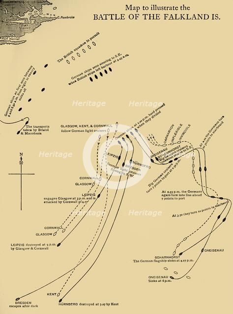 Map illustrating the Battle of the Falkland Islands on 8 December 1914, (c1920). Creator: Unknown.