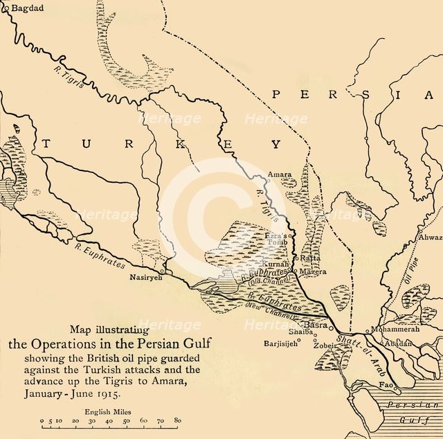 'Map illustrating the Operations in the Persian Gulf', First World War, 1915, (c1920). Creator: Unknown.