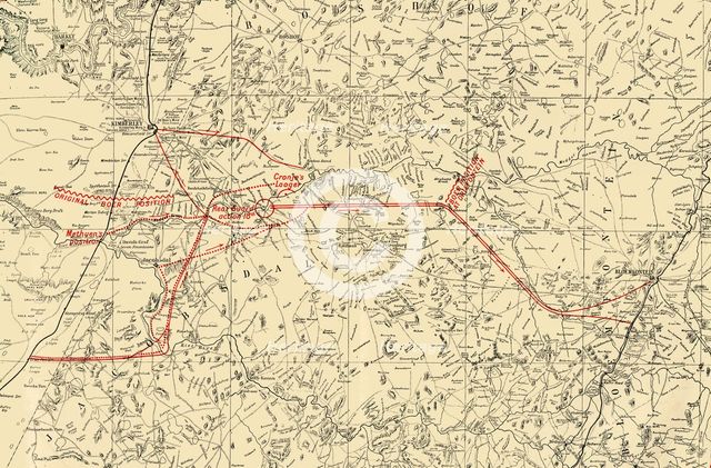 'Map Illustrating the Movements for the Relief of Kimberley and the Capture of Bloemfontein', 1900. Creator: Unknown.