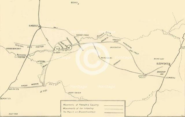 'Map Illustrating the Movements for the Relief of Kimberley and the Capture of Bloemfontein', 1901. Creator: Unknown.