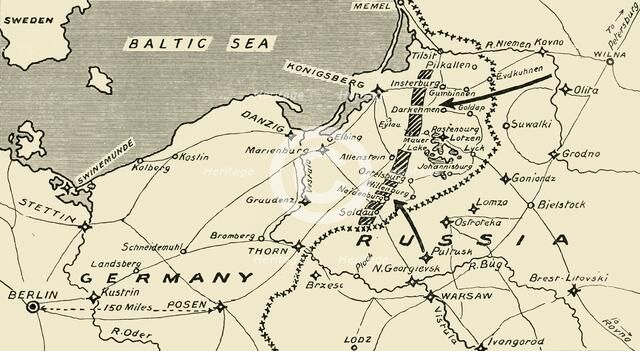 'Map illustrating the Russian Invasion of East Prussia', 1915. Creator: Unknown.