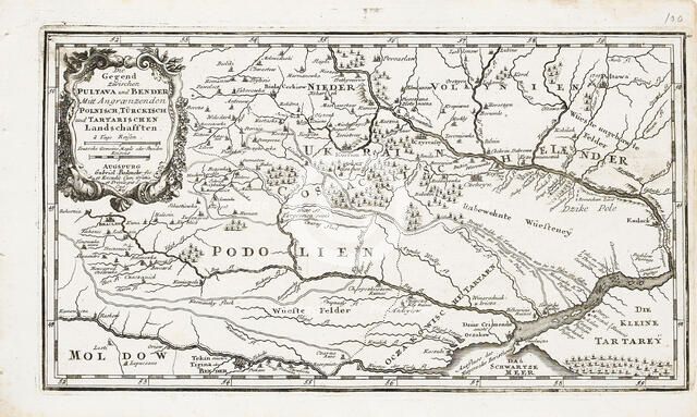 Map showing both Poltava and Bender. Artist: Bodenehr, Gabriel, the Elder (1664-1758)