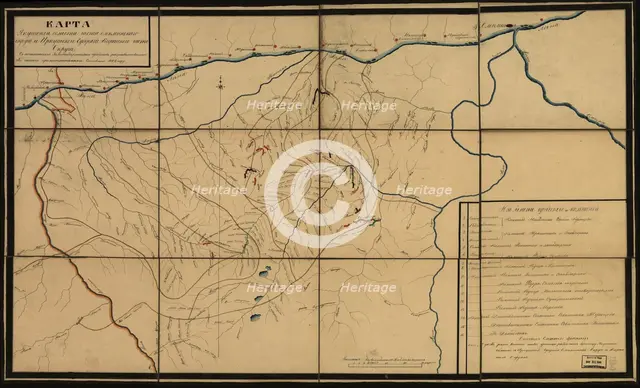 Map showing gold-mining concessions along rivers in the Olekminsk region, Siberia, Russia, 1853.  Creator: Unknown.