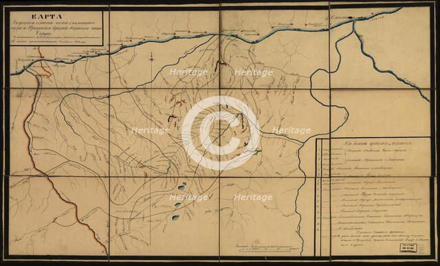 Map showing gold-mining concessions along rivers in the Olekminsk region, Siberia, Russia, 1853.  Creator: Unknown.