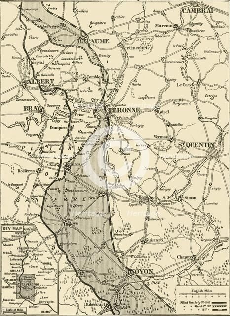 'Map Showing German Retreat in the West, 1917', 1917. Creator: Unknown.
