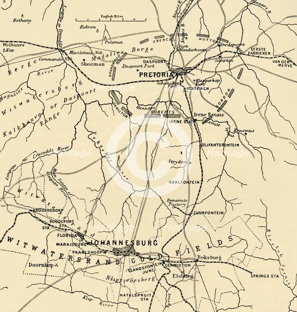 'Map Showing District Between Johannesburg and Pretoria, and the Position of the British Forces Roun Creator: Unknown.